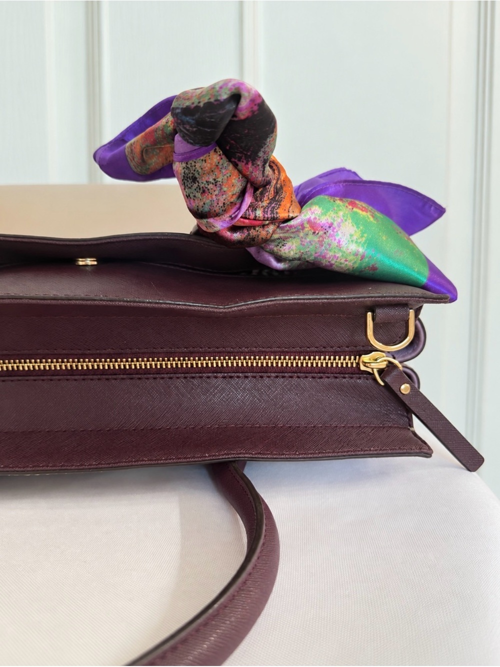 Kate Spade Satchel Blush Plum Handbag Owl Coin Purse Scarf Gold Hardware - Picture 13 of 17